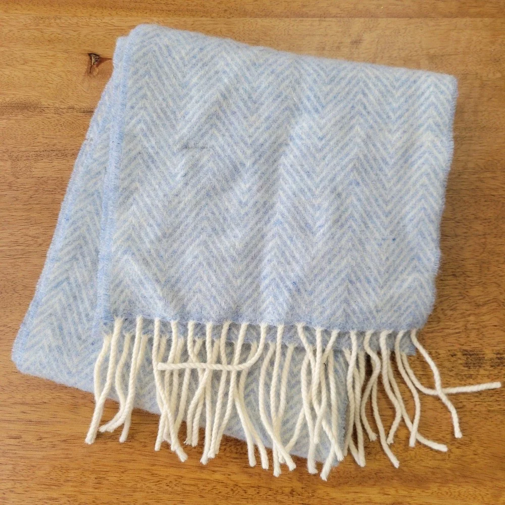 Lauren Ralph Lauren Scarf Womens OS Blue Herringbone 100% Lambswool Fringe UK